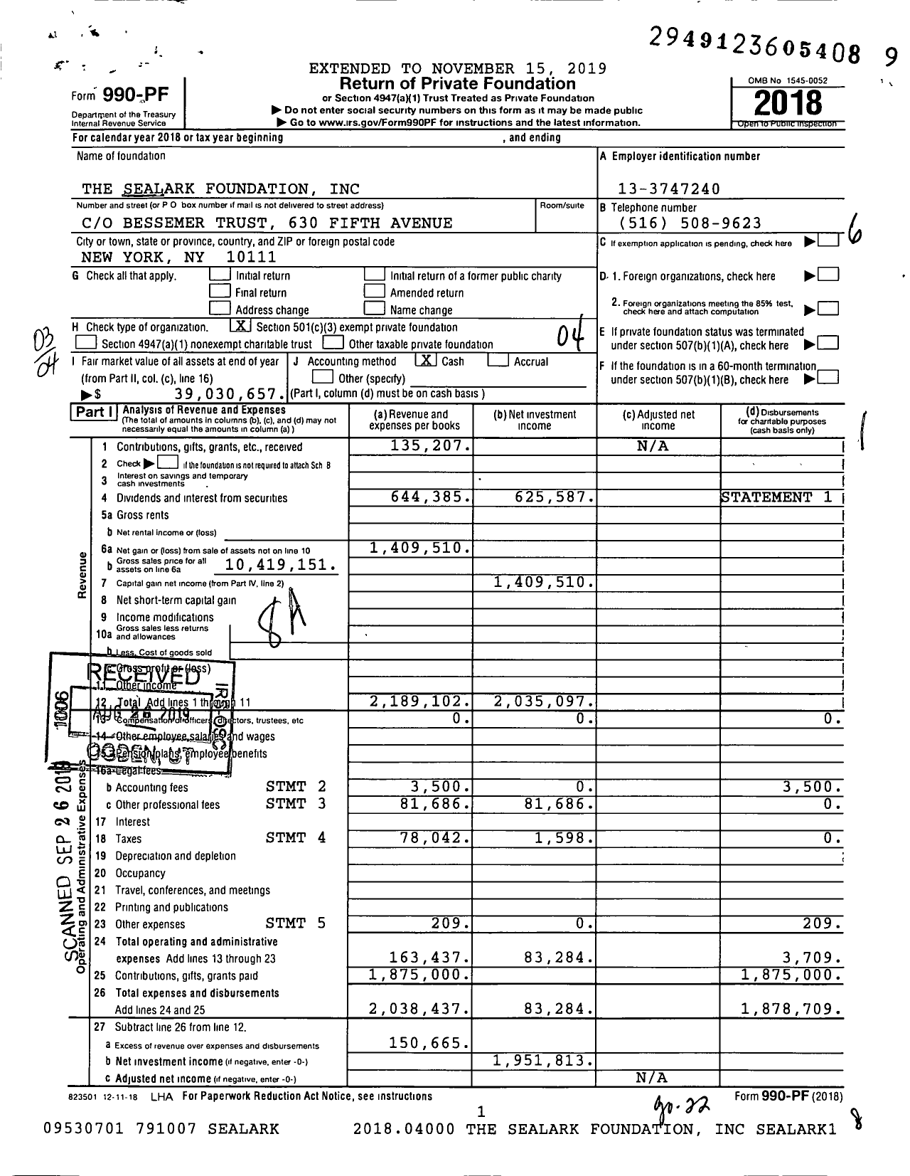 Image of first page of 2018 Form 990PF for The Sealark Foundation