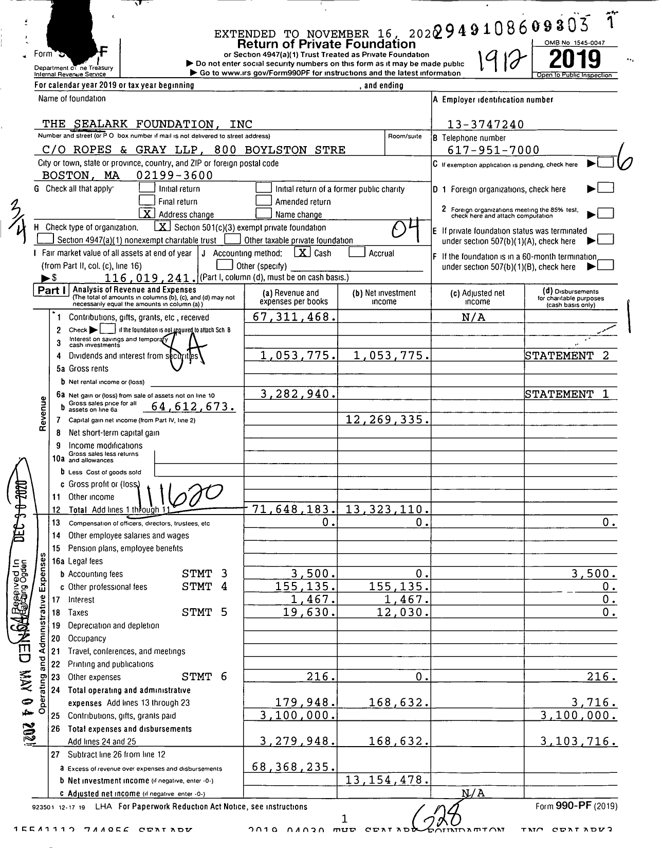 Image of first page of 2019 Form 990PF for The Sealark Foundation