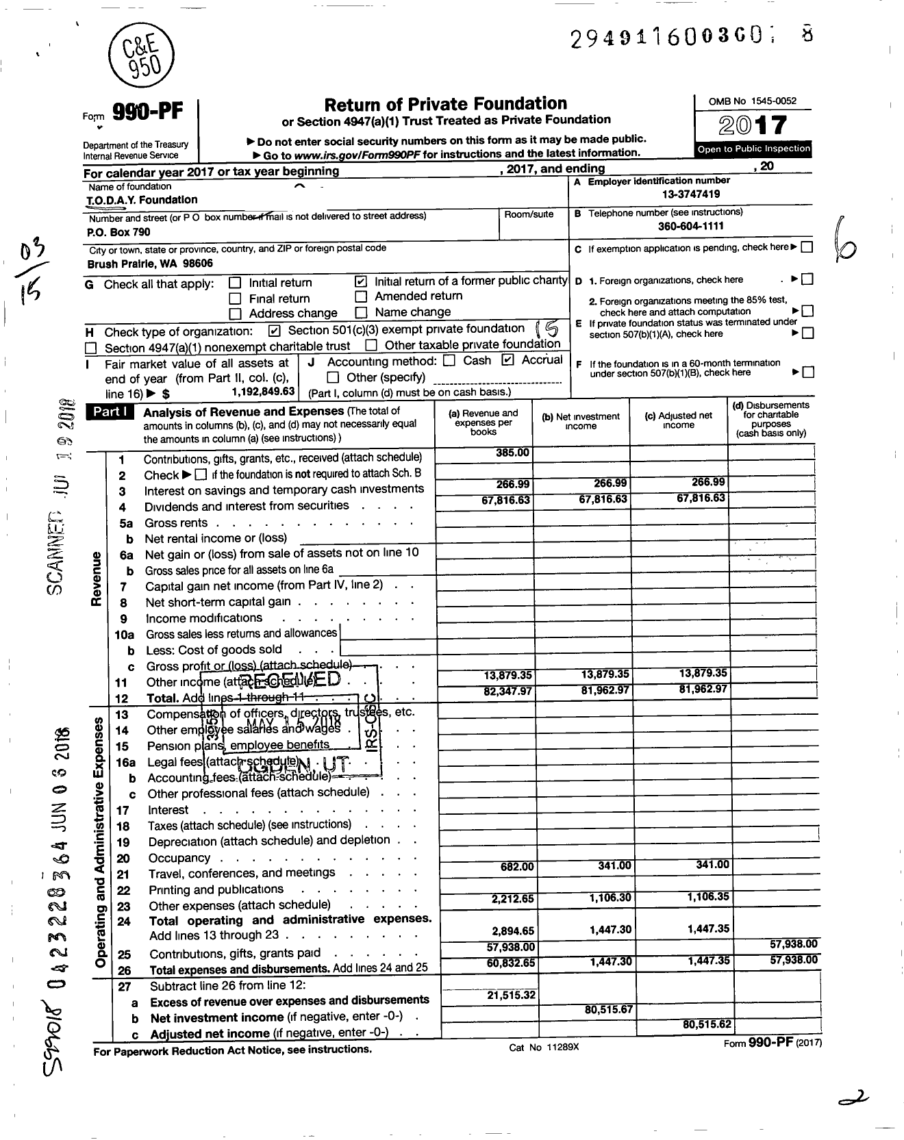 Image of first page of 2017 Form 990PF for TODAY Foundation