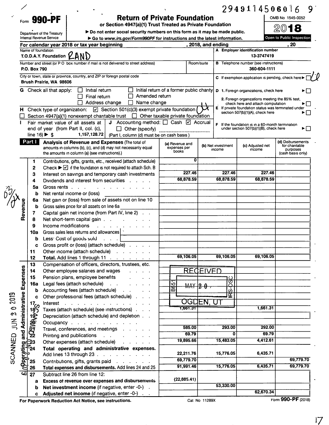 Image of first page of 2018 Form 990PF for TODAY Foundation