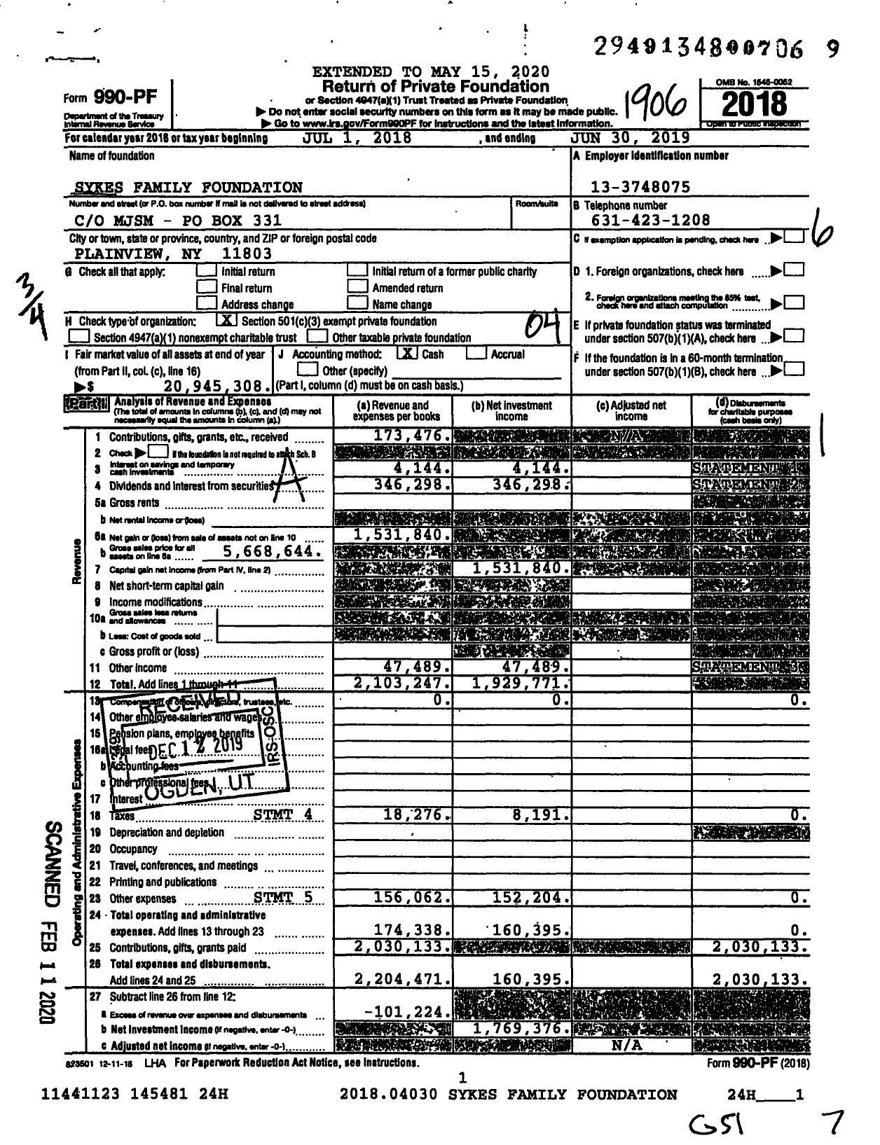 Image of first page of 2018 Form 990PF for Sykes Family Foundation