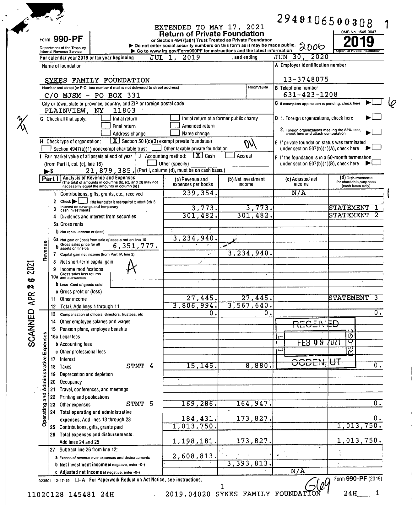 Image of first page of 2019 Form 990PF for Sykes Family Foundation