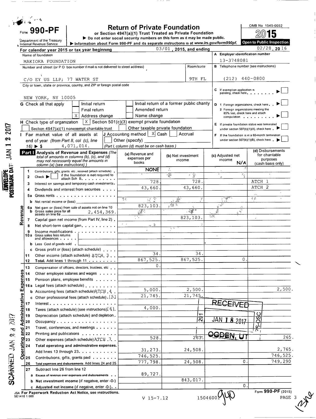 Image of first page of 2015 Form 990PF for Makioka Foundation