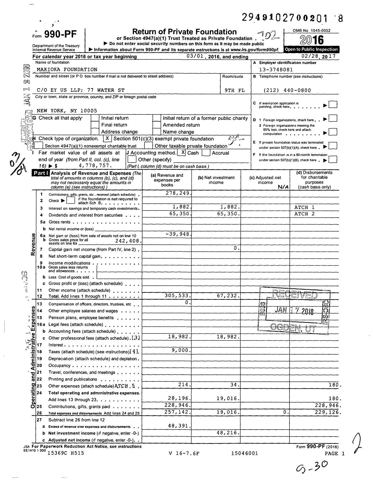 Image of first page of 2016 Form 990PF for Makioka Foundation