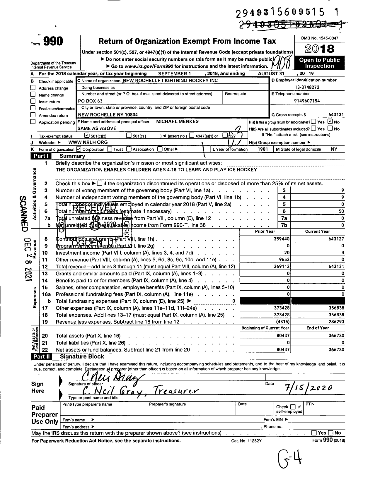 Image of first page of 2018 Form 990 for New Rochelle Lightning Hockey