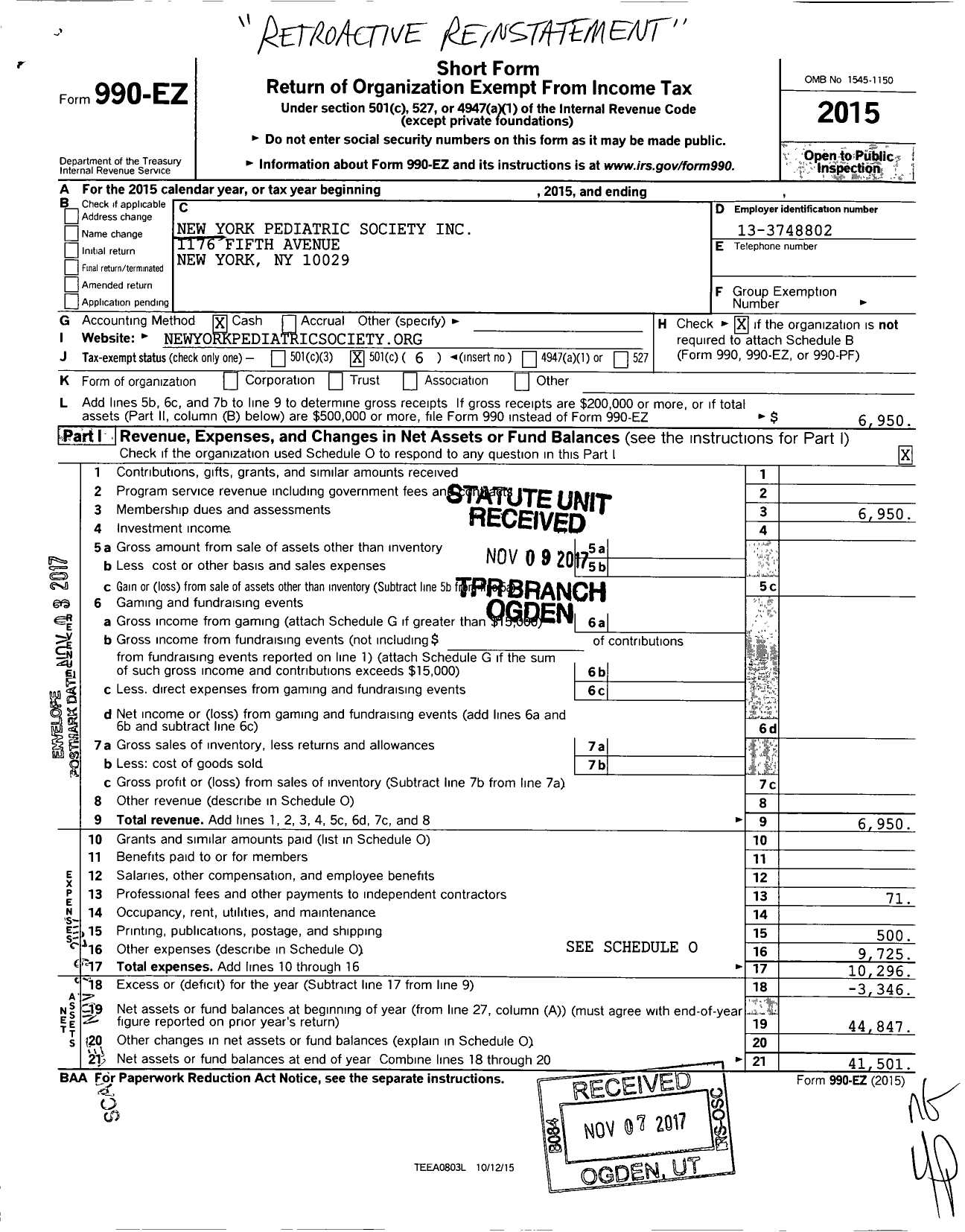 Image of first page of 2015 Form 990EO for New York Pediatric Society