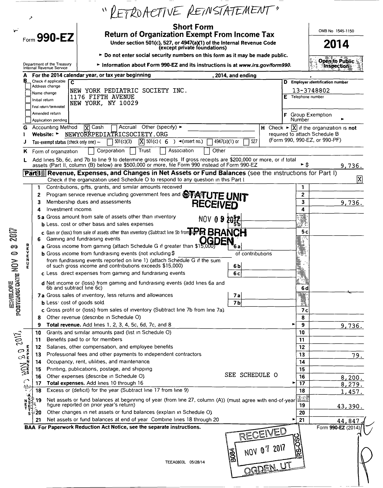 Image of first page of 2014 Form 990EO for New York Pediatric Society