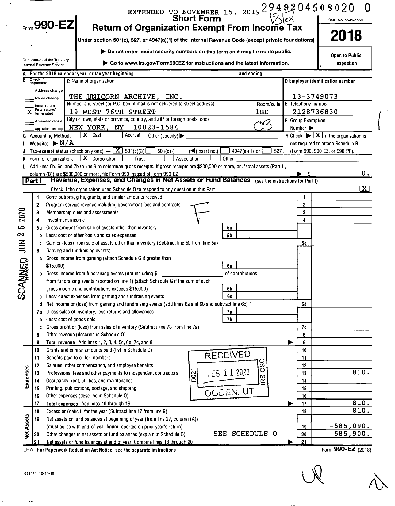 Image of first page of 2018 Form 990EZ for Unicorn Archive