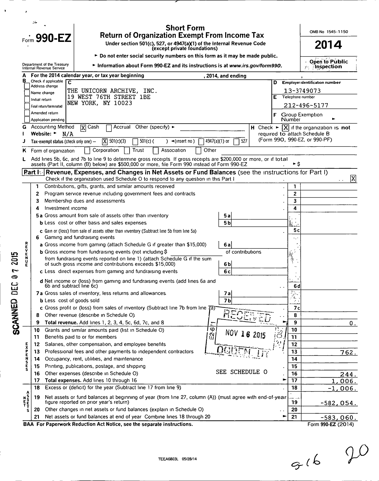 Image of first page of 2014 Form 990EZ for Unicorn Archive