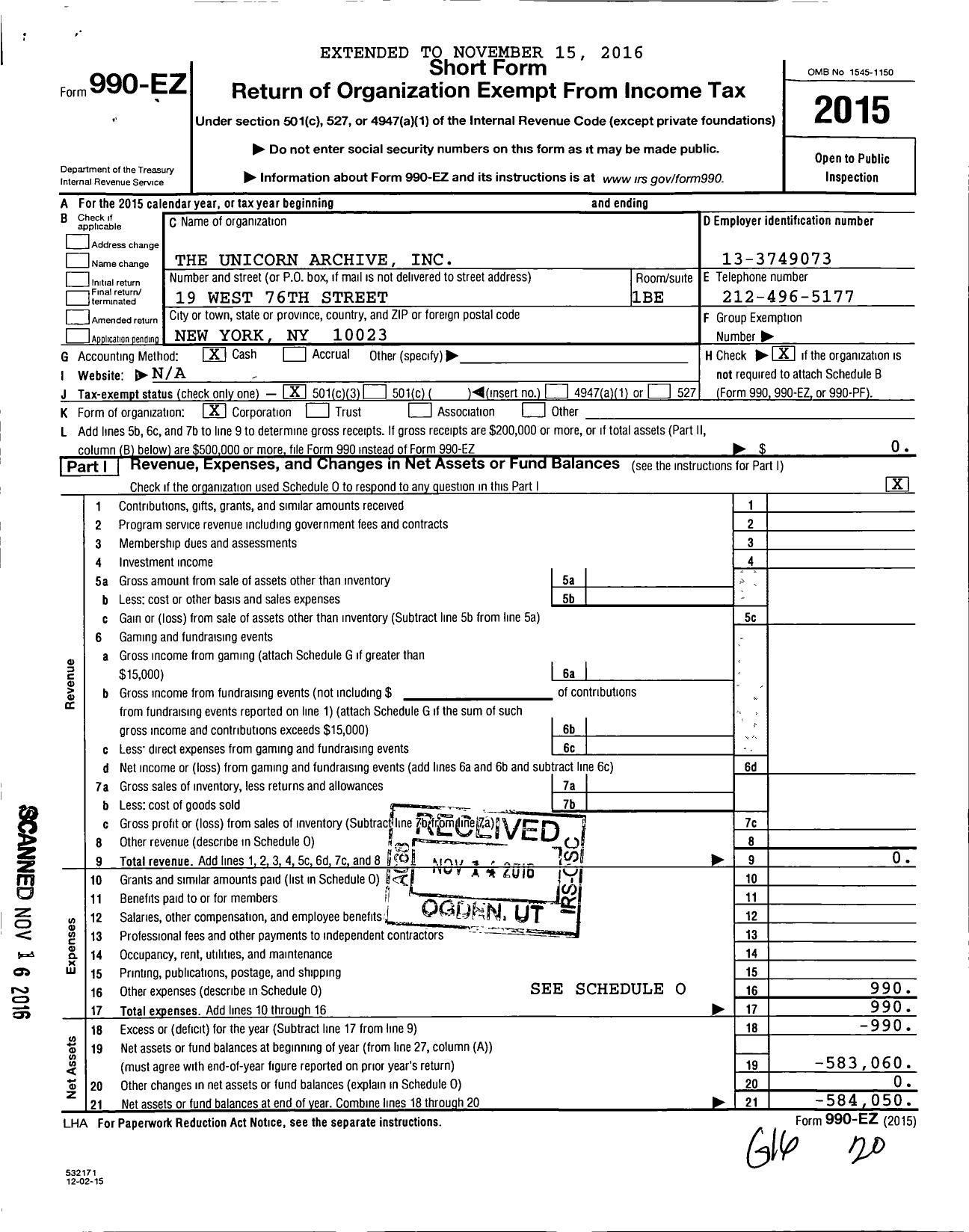 Image of first page of 2015 Form 990EZ for Unicorn Archive