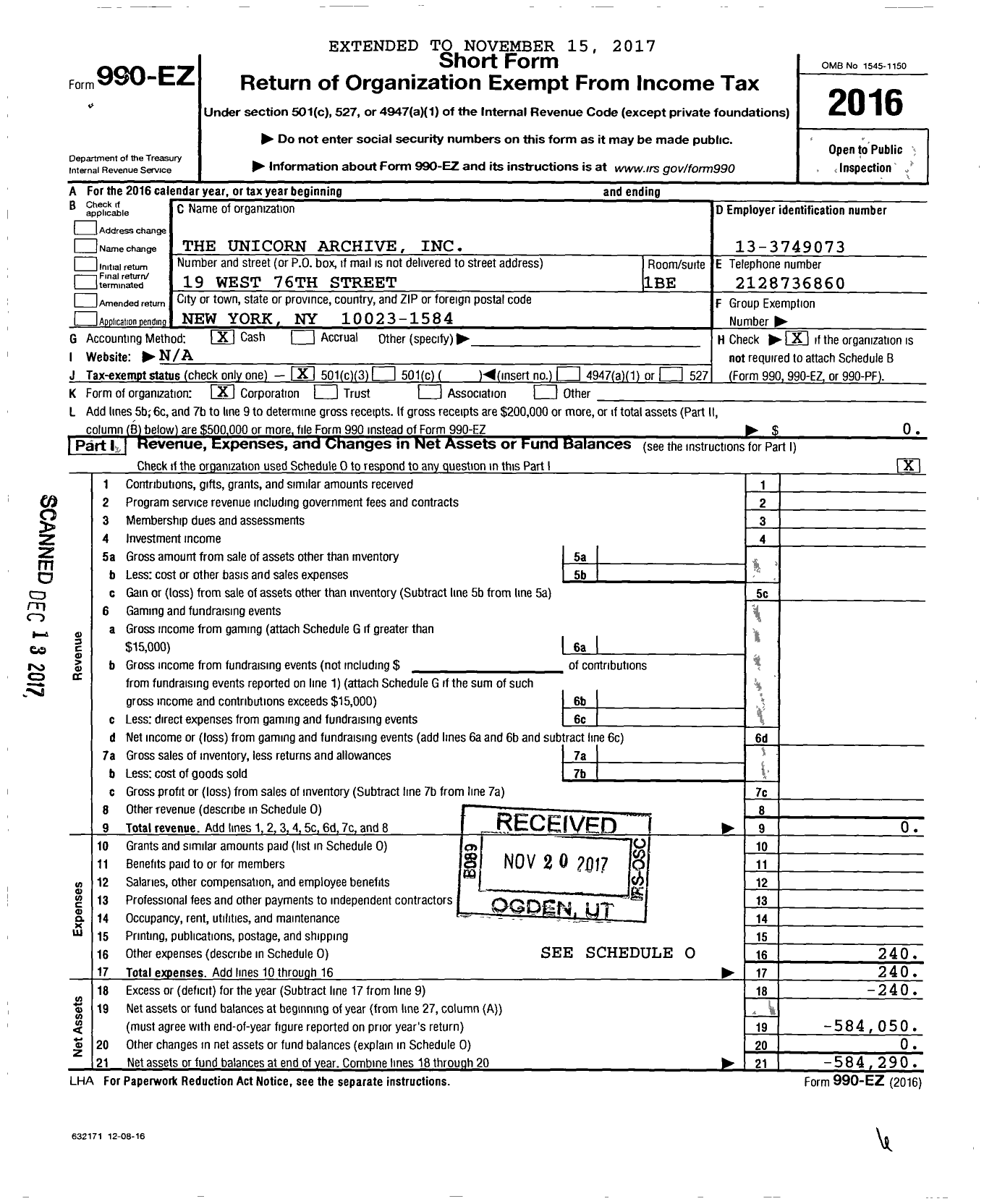 Image of first page of 2016 Form 990EZ for Unicorn Archive