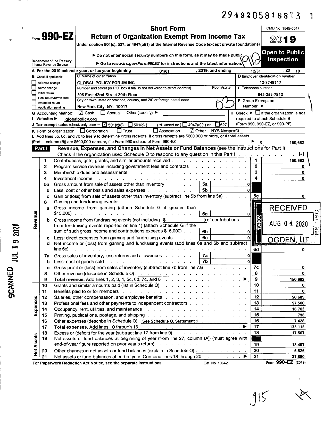 Image of first page of 2019 Form 990EZ for Global Policy Forum