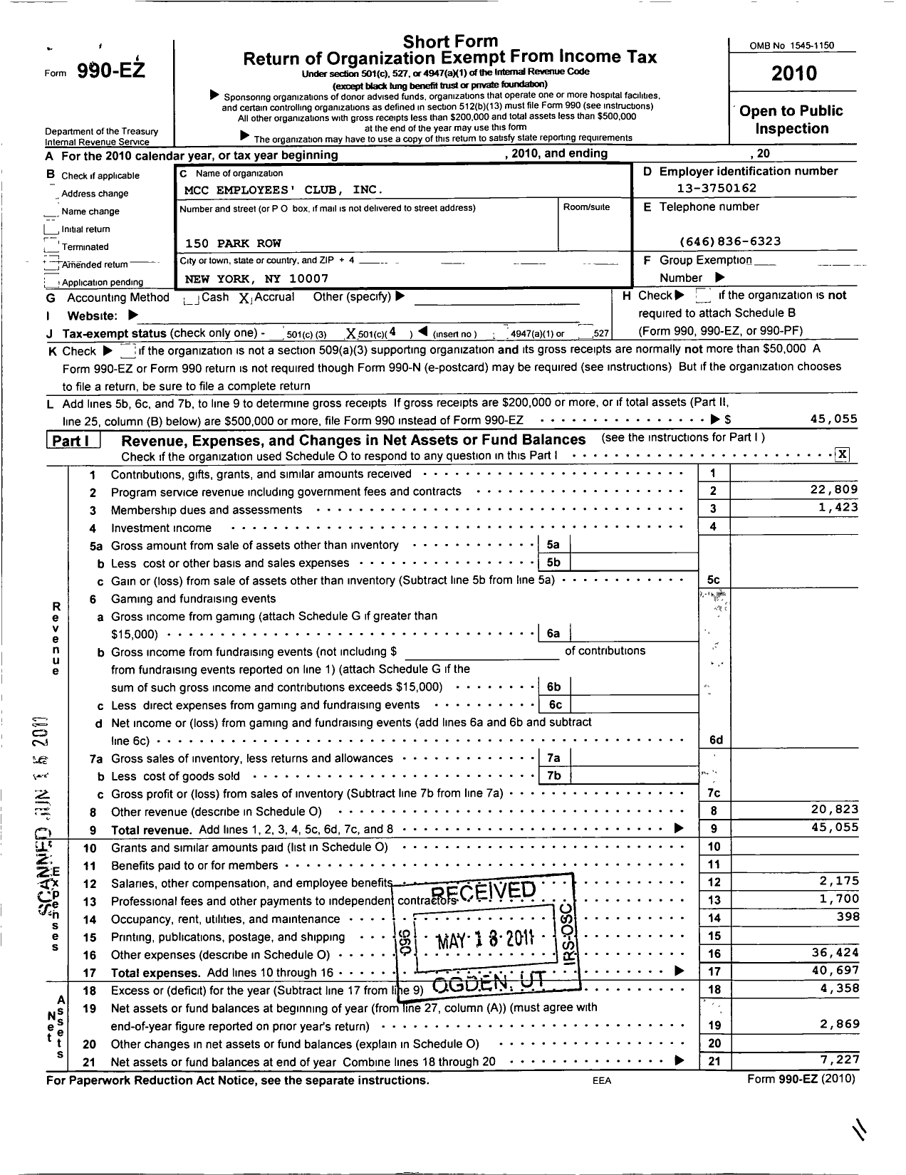 Image of first page of 2010 Form 990EO for MCC Employees Club