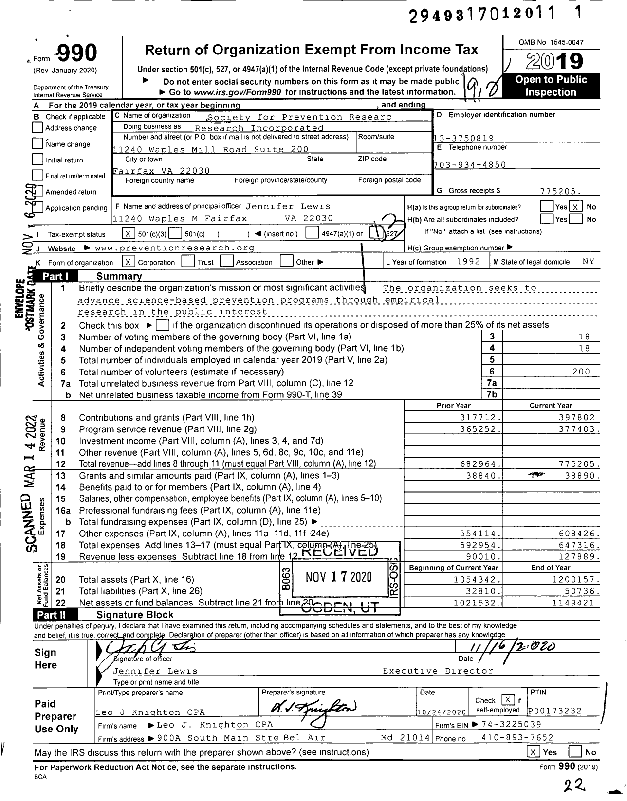 Image of first page of 2019 Form 990 for Society for Prevention Research Incorporated