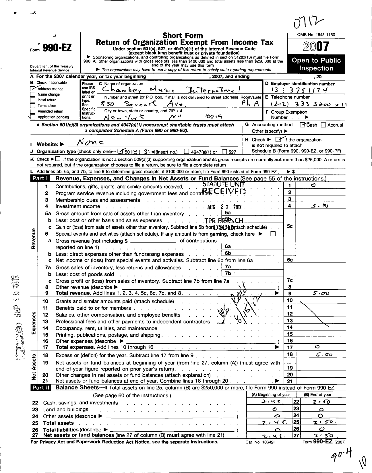 Image of first page of 2007 Form 990EZ for Chamber Music International