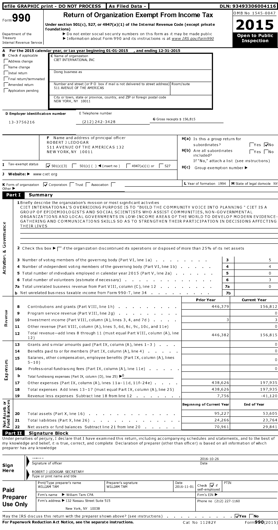 Image of first page of 2015 Form 990 for Ciet International