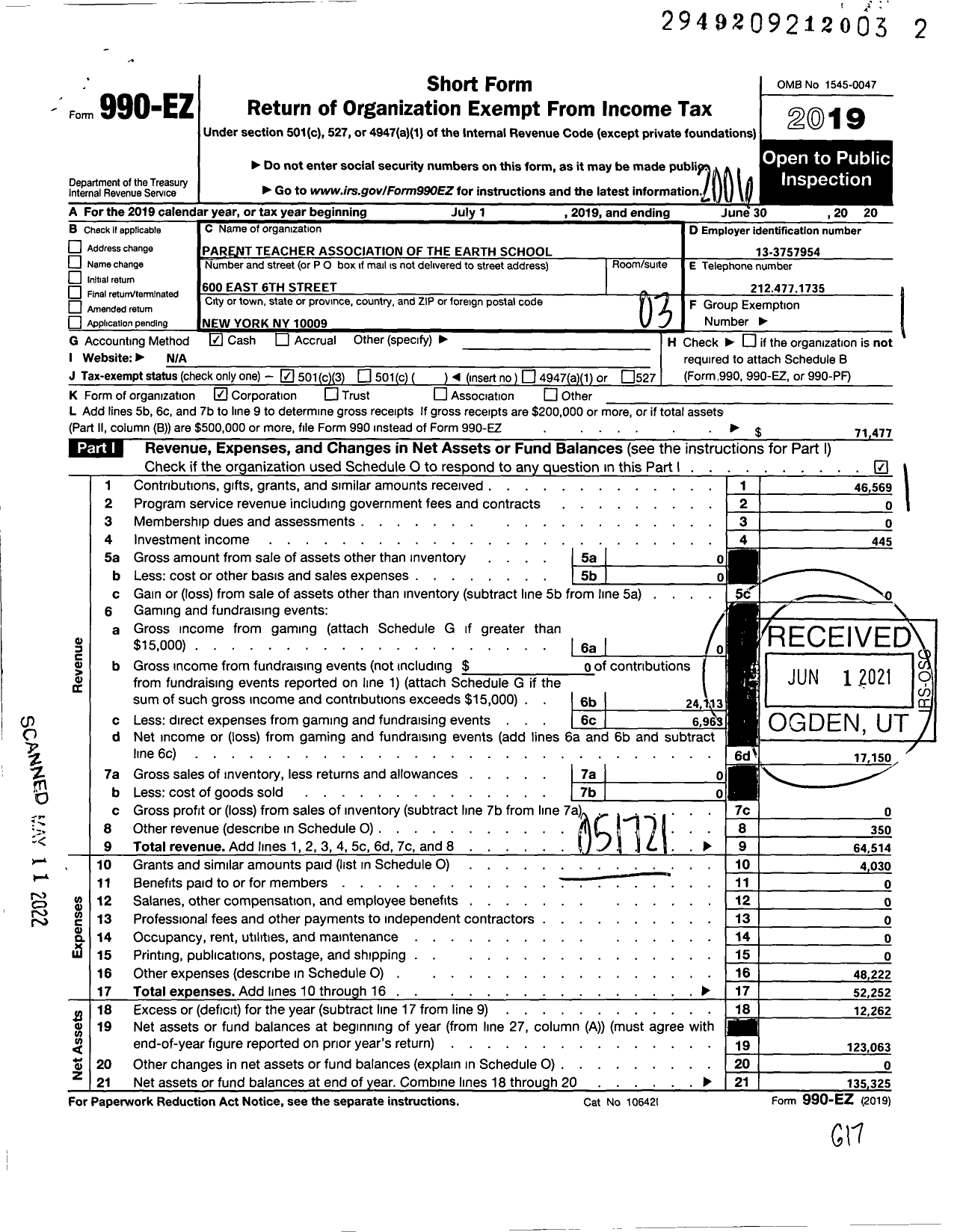 Image of first page of 2019 Form 990EZ for PTA of the Earth School