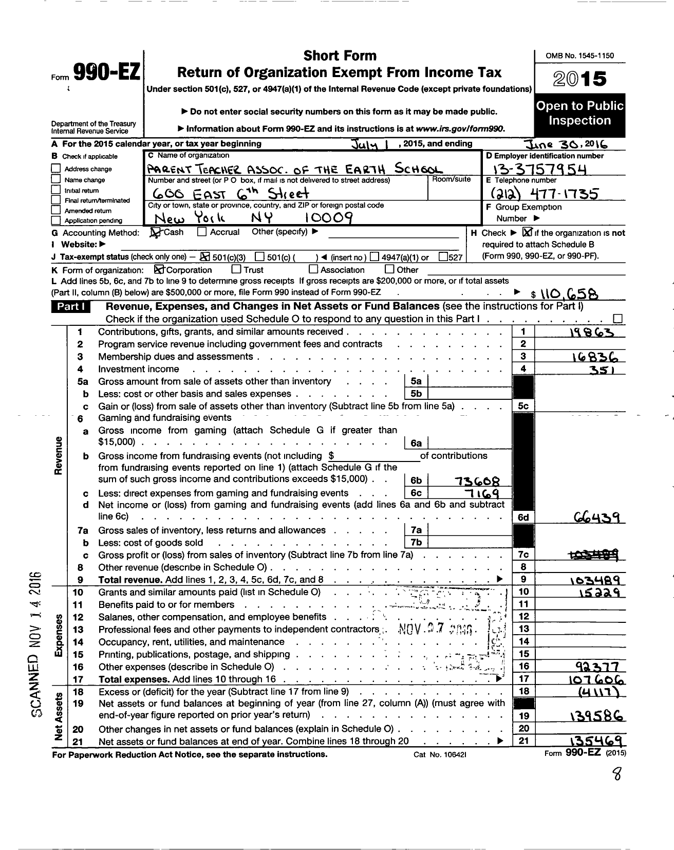 Image of first page of 2015 Form 990EZ for PTA of the Earth School