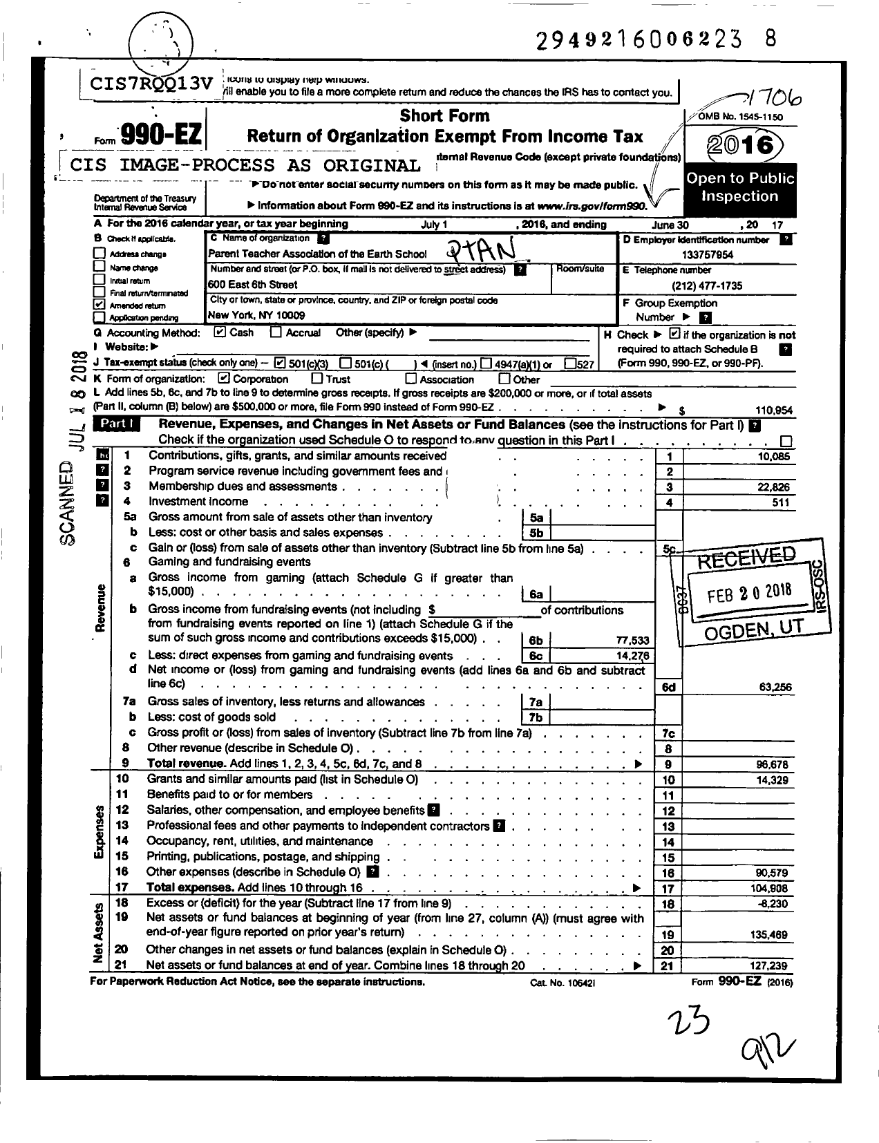 Image of first page of 2016 Form 990EZ for PTA of the Earth School