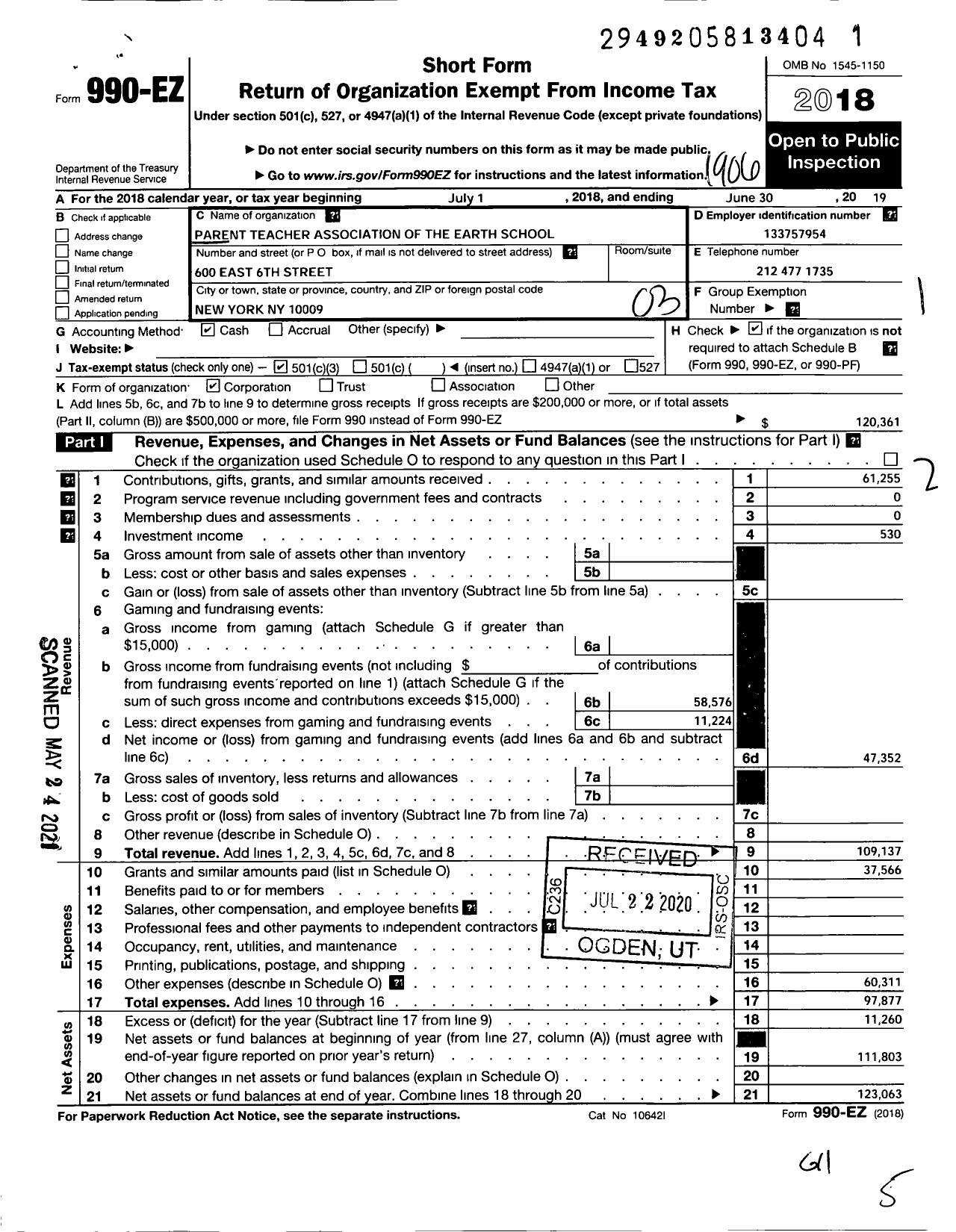 Image of first page of 2018 Form 990EZ for PTA of the Earth School