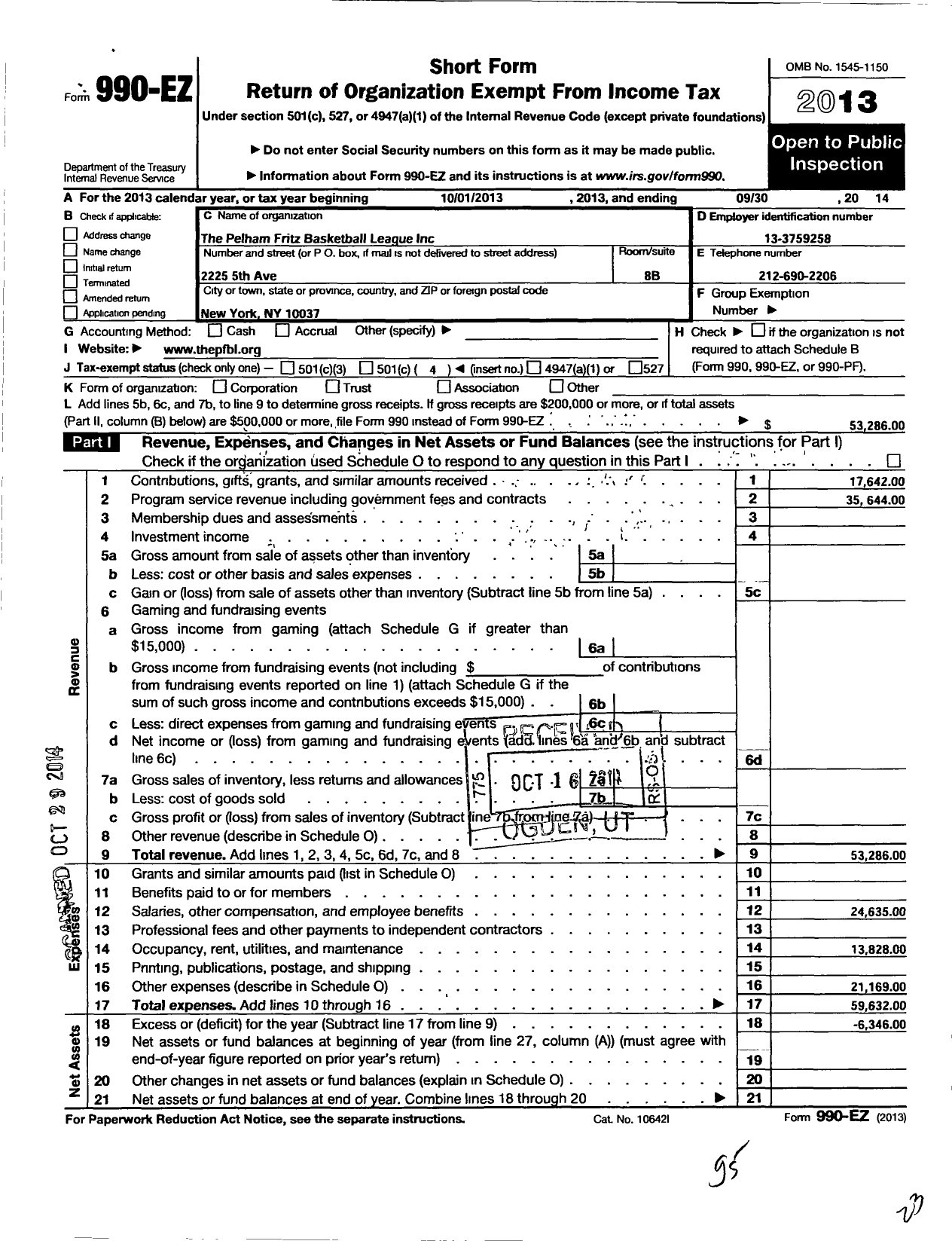 Image of first page of 2013 Form 990EO for Pelham Fritz Basketball League