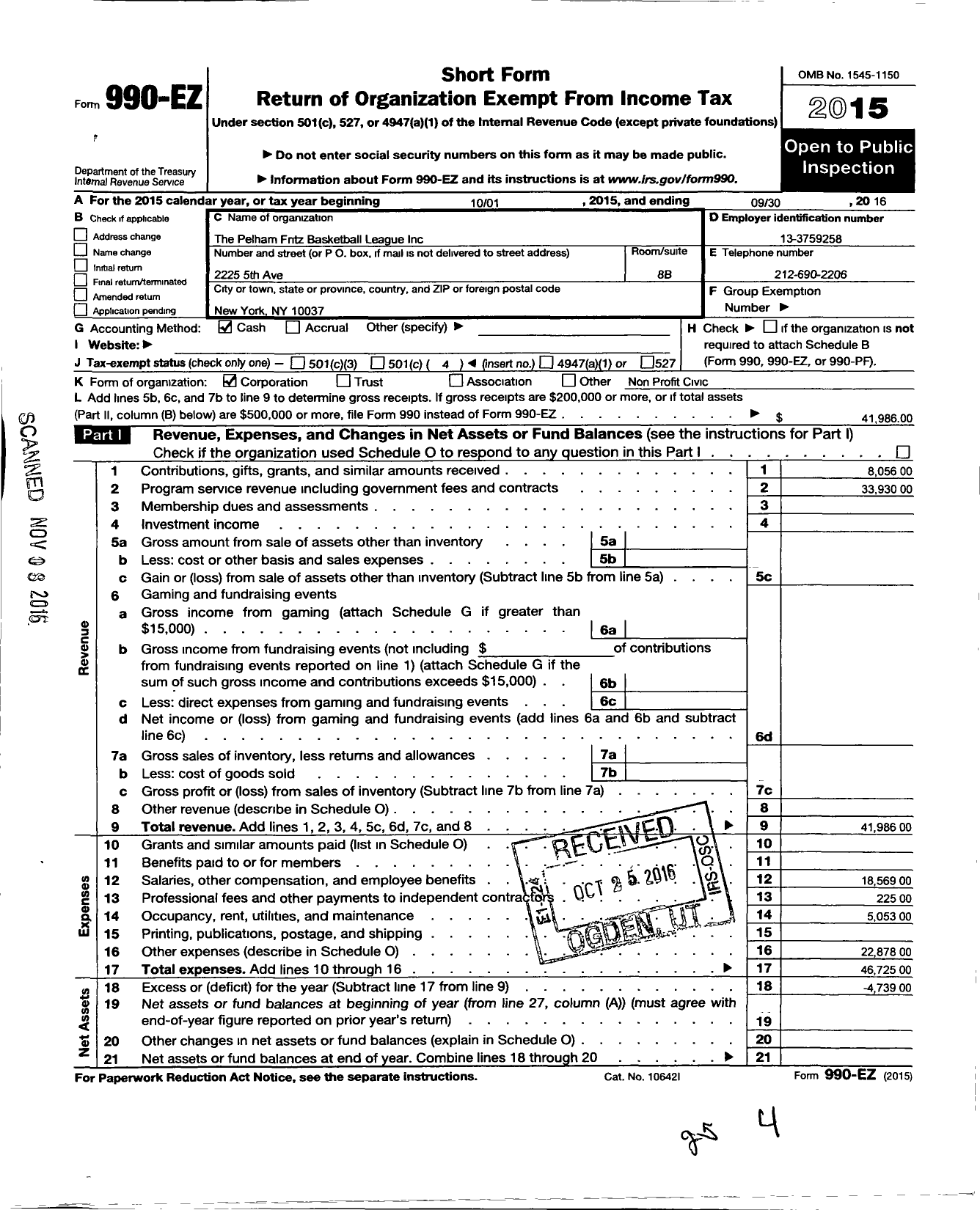 Image of first page of 2015 Form 990EO for Pelham Fritz Basketball League