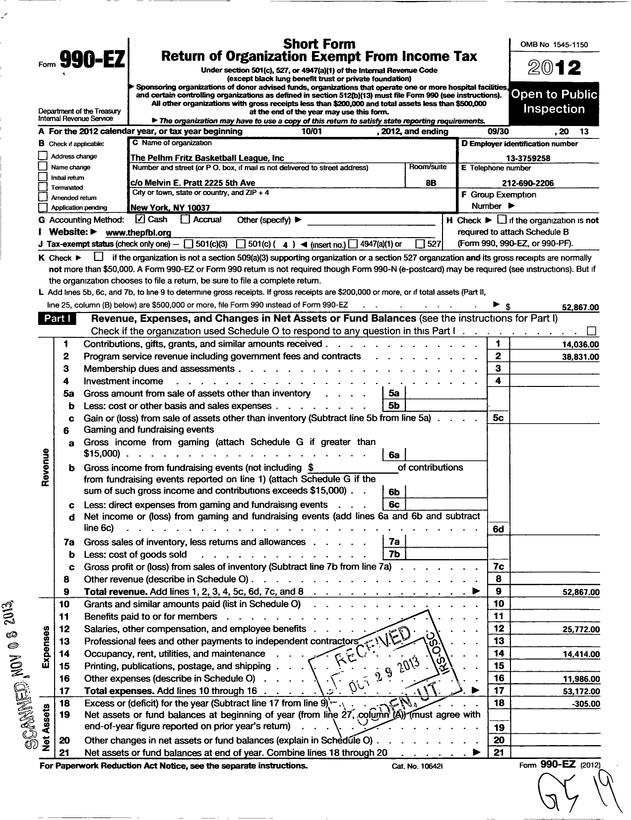 Image of first page of 2012 Form 990EO for Pelham Fritz Basketball League