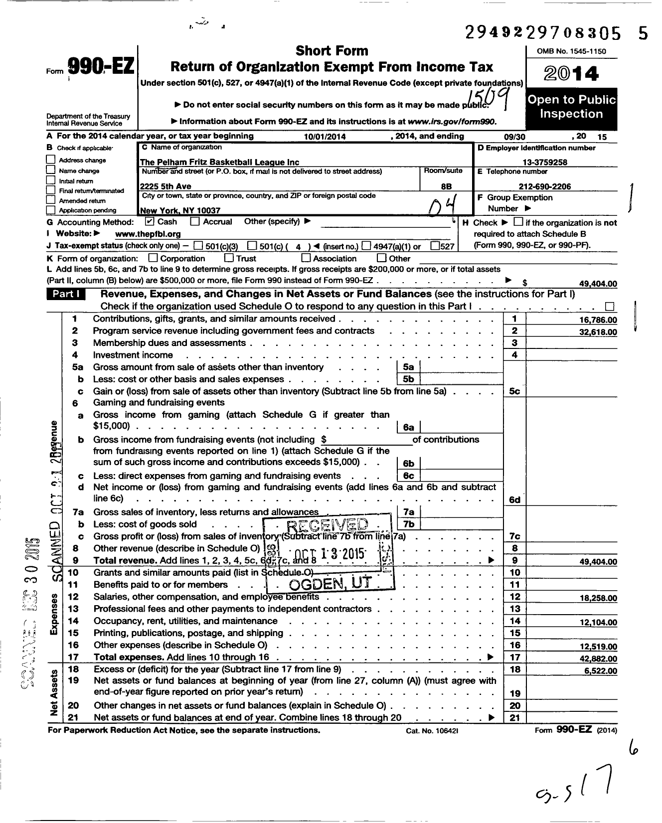 Image of first page of 2014 Form 990EO for Pelham Fritz Basketball League