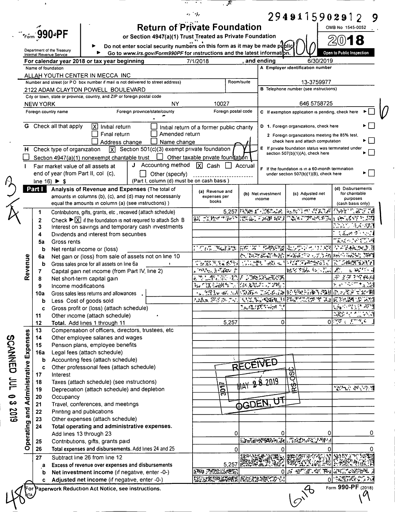 Image of first page of 2018 Form 990PF for Allah Youth Center in Mecca