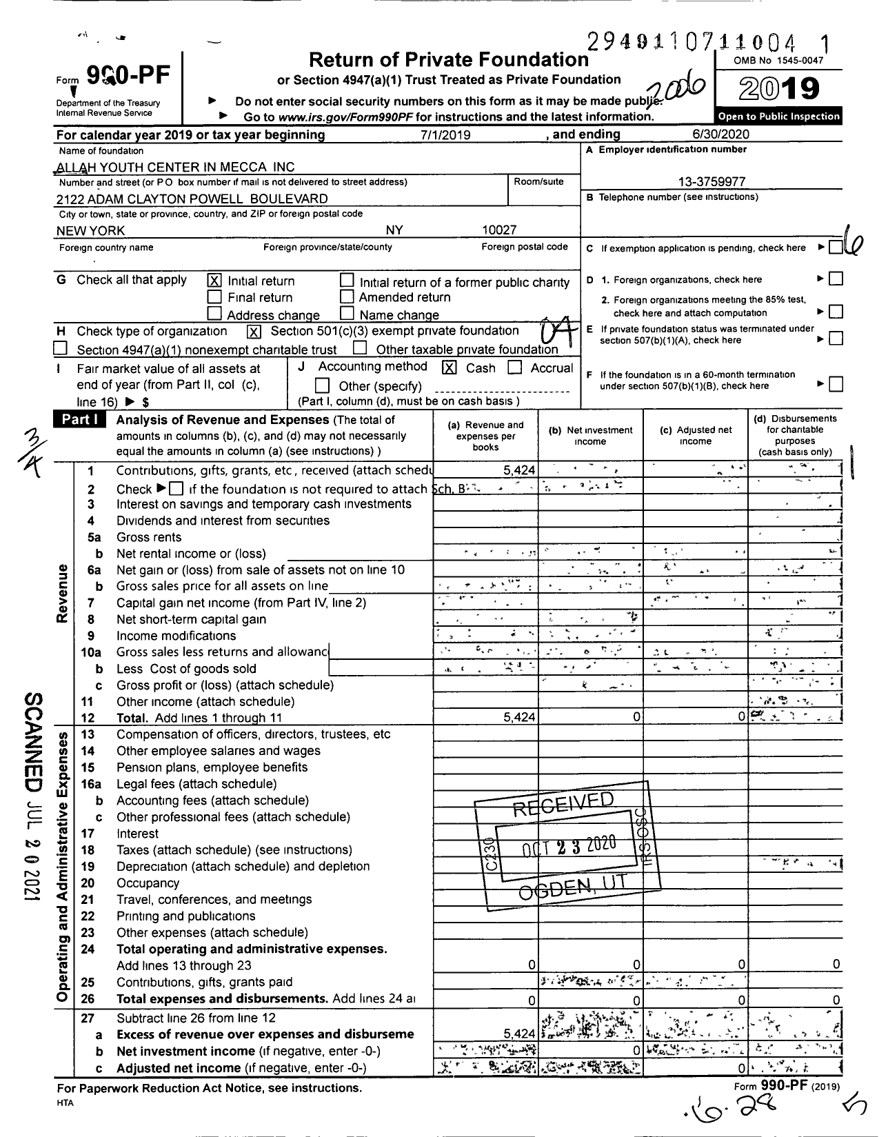 Image of first page of 2019 Form 990PF for Allah Youth Center in Mecca