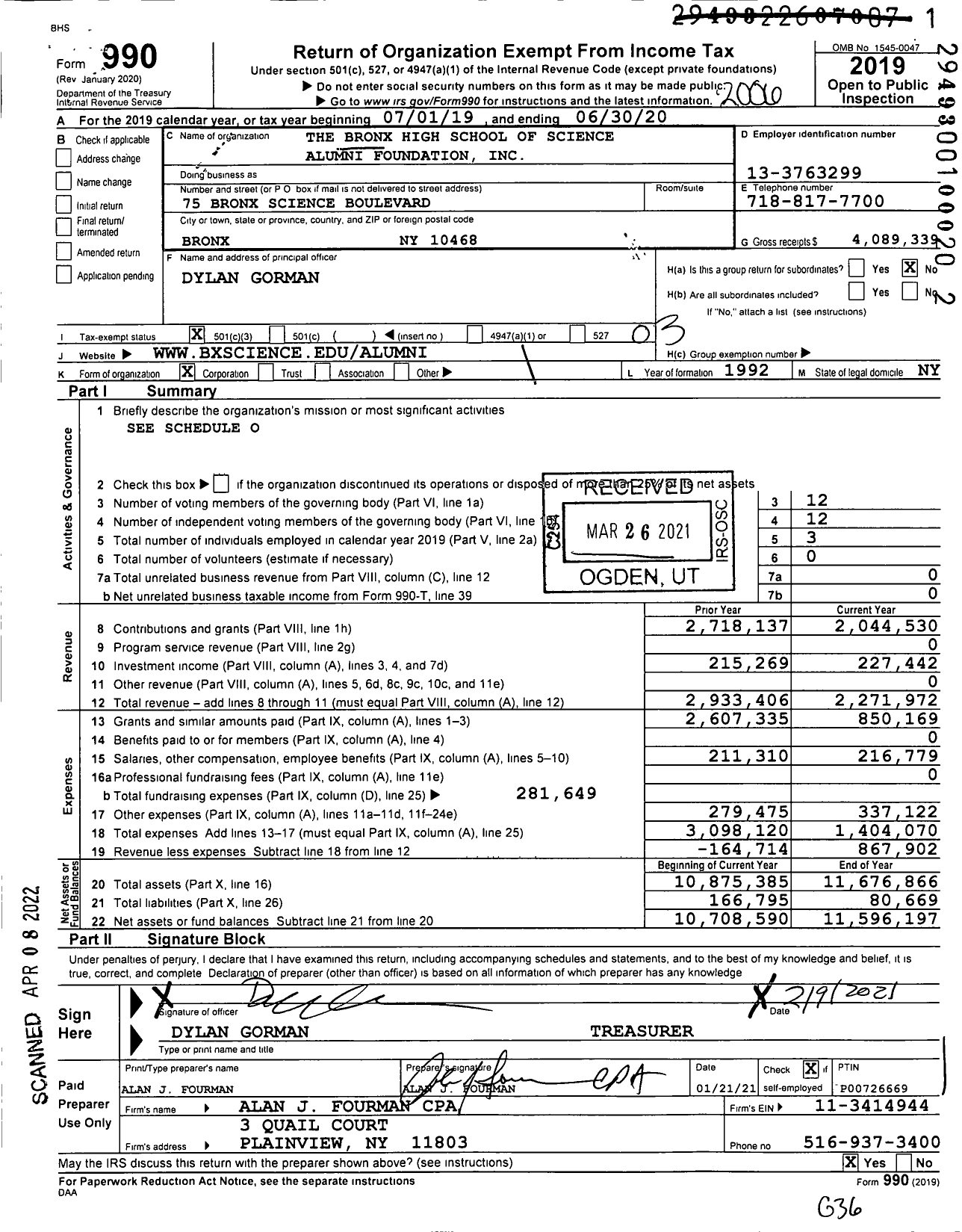 Image of first page of 2019 Form 990 for Bronx High School of Science Alumni Foundation