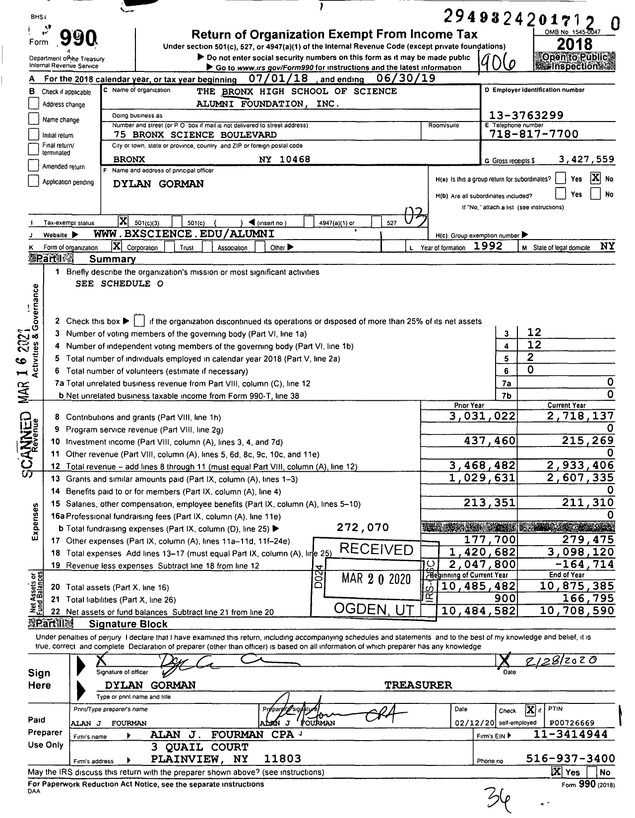 Image of first page of 2018 Form 990 for Bronx High School of Science Alumni Foundation