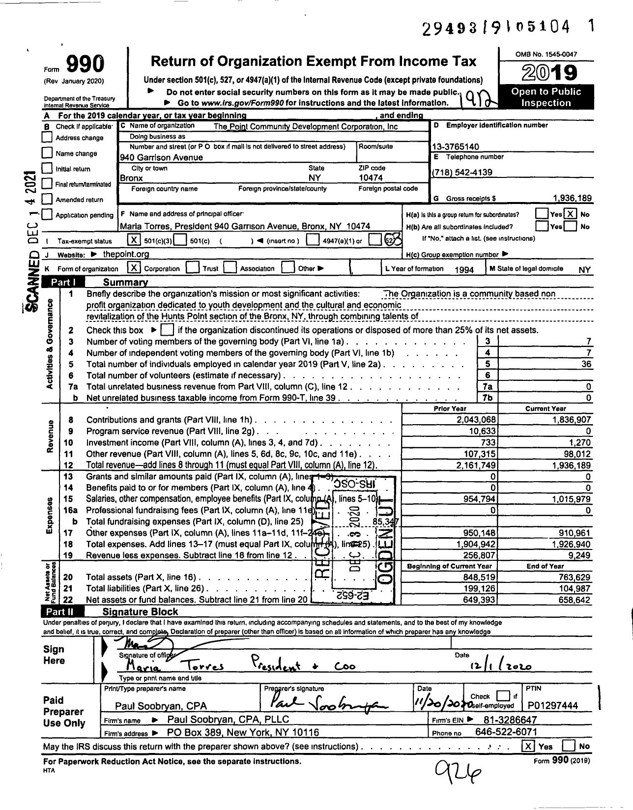 Image of first page of 2019 Form 990 for The Point Community Development Corporation