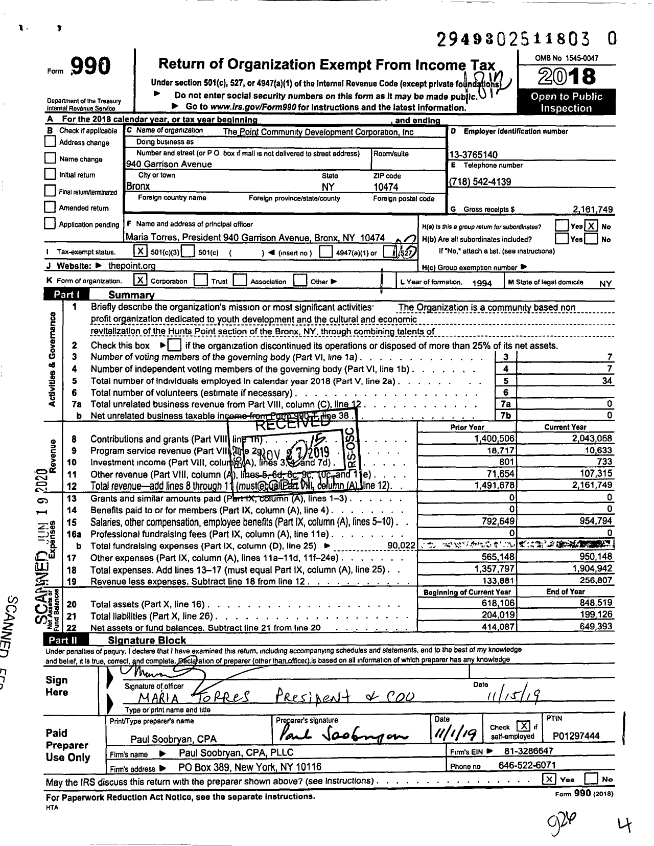 Image of first page of 2018 Form 990 for The Point Community Development Corporation