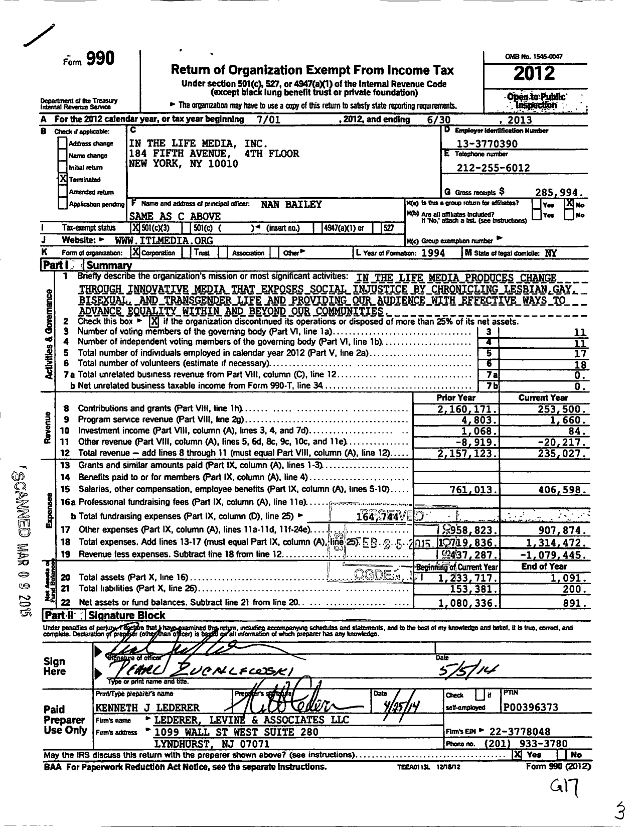 Image of first page of 2012 Form 990 for In the Life Media