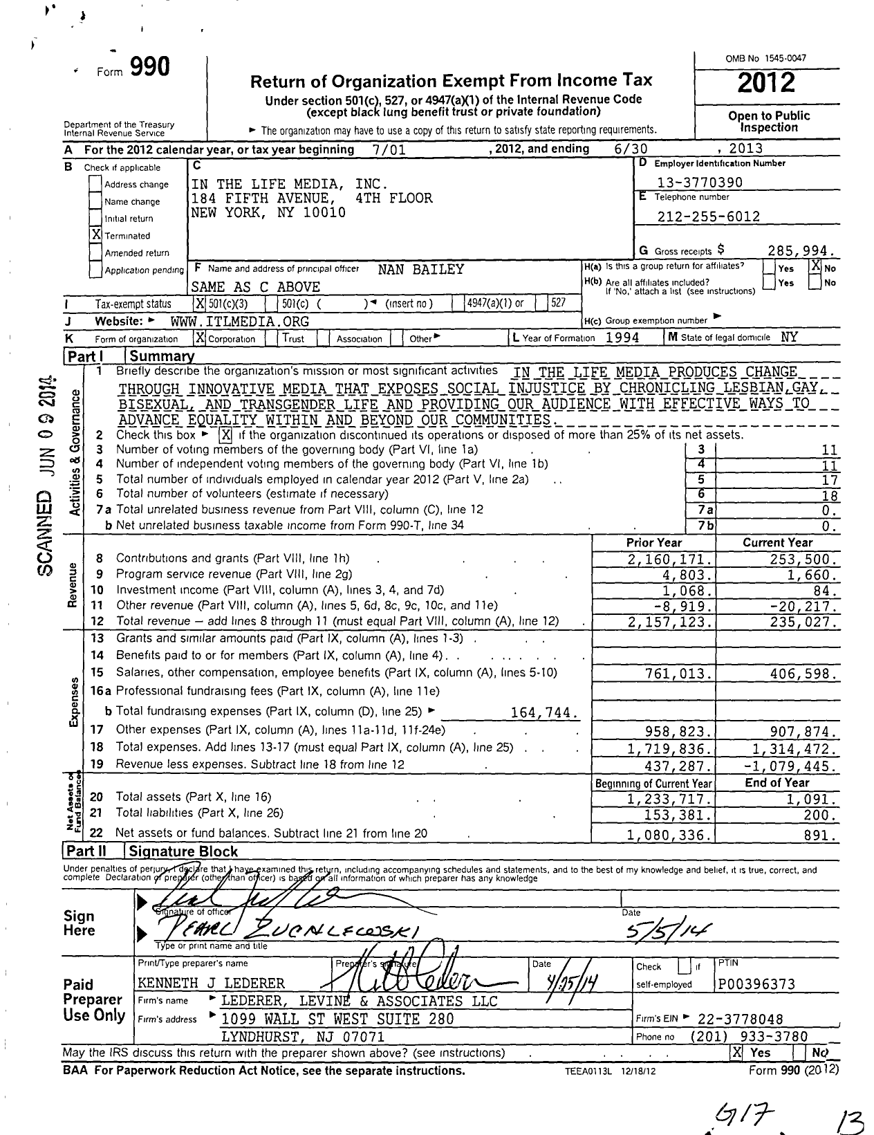 Image of first page of 2012 Form 990 for In the Life Media