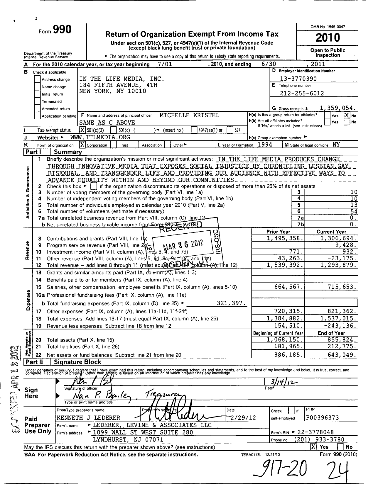 Image of first page of 2010 Form 990 for In the Life Media