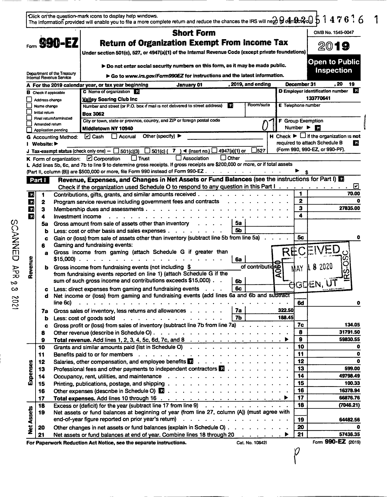 Image of first page of 2019 Form 990EO for Valley Soaring Club