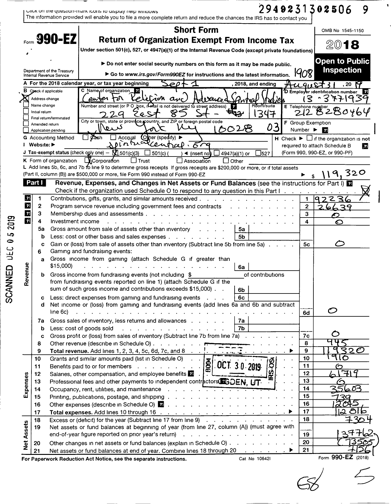 Image of first page of 2018 Form 990EZ for Center for Religion and Advanced Spiritual Studies