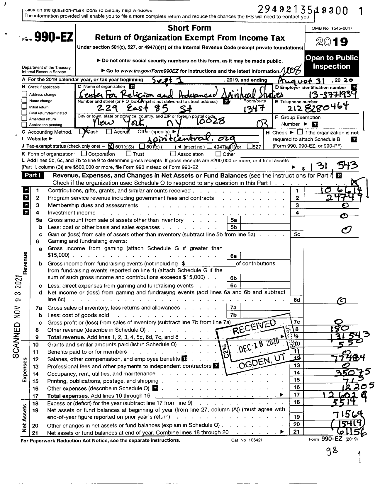 Image of first page of 2019 Form 990EZ for Center for Religion and Advanced Spiritual Studies