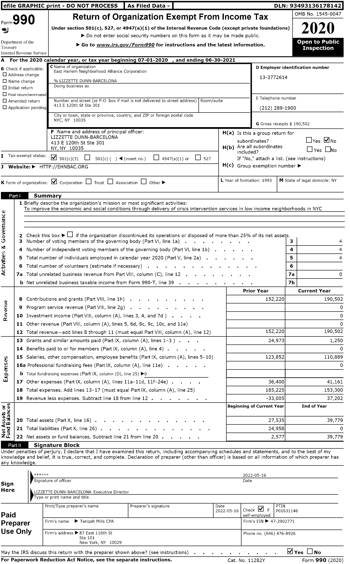 Image of first page of 2020 Form 990 for East Harlem Neighborhood Based Alliance Corporation