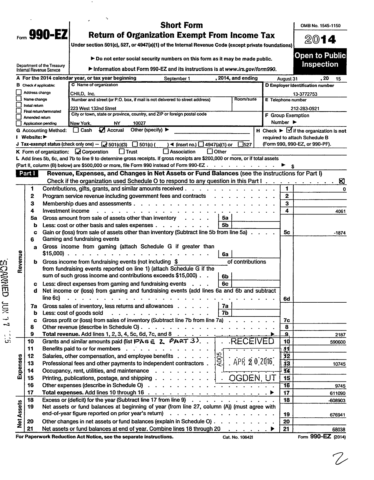 Image of first page of 2014 Form 990EZ for Child