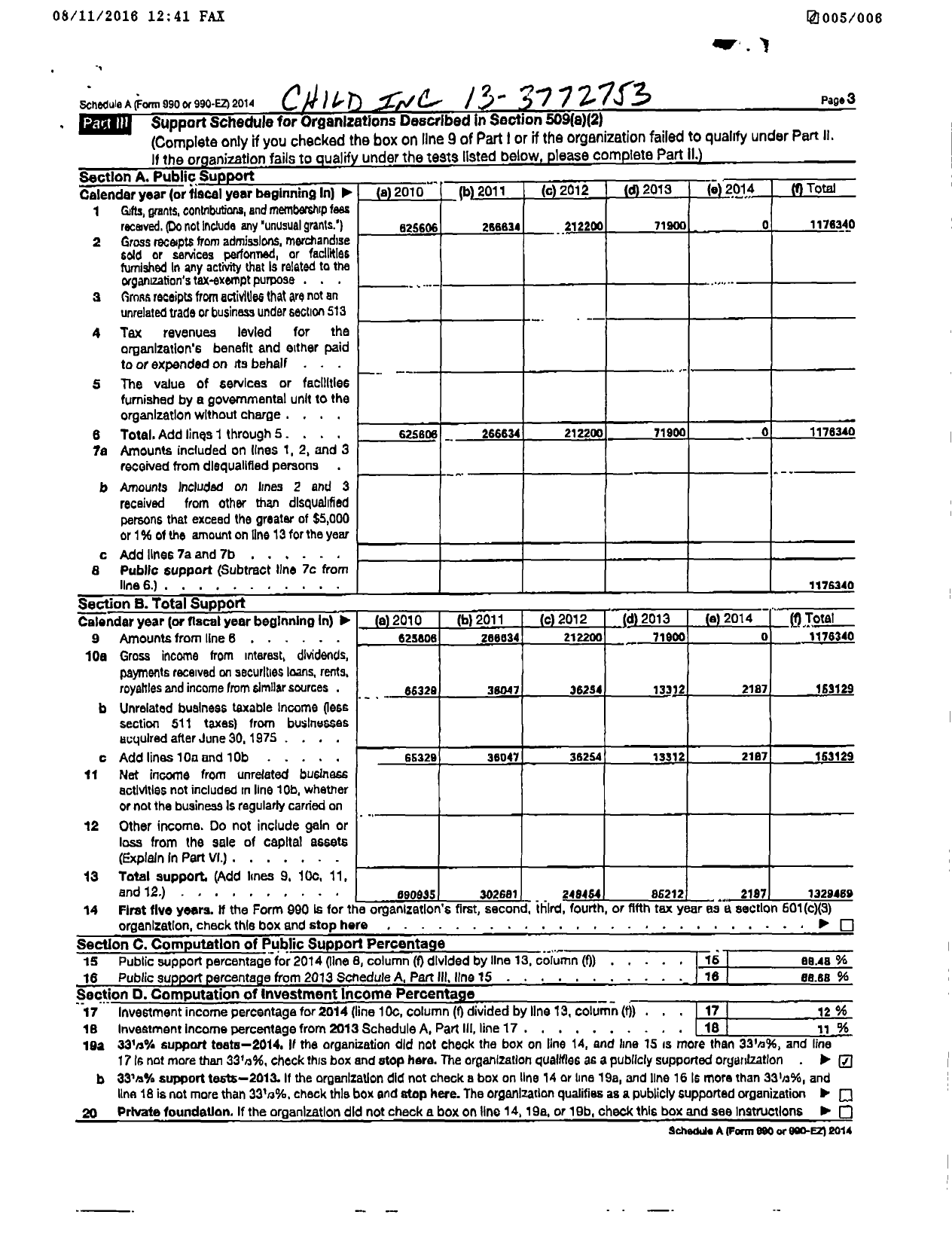 Image of first page of 2014 Form 990ER for Child