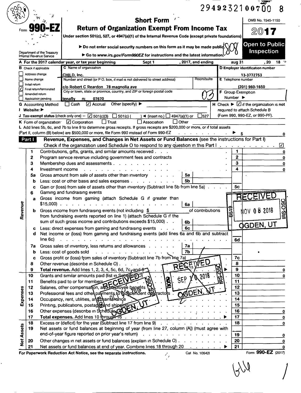 Image of first page of 2017 Form 990EZ for Child