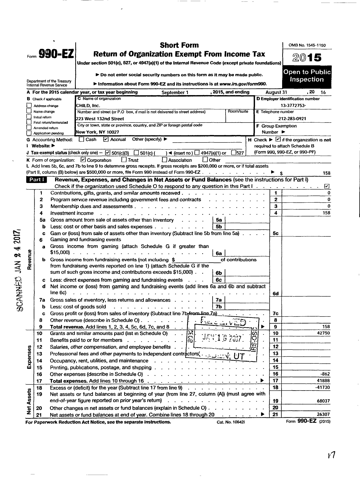 Image of first page of 2015 Form 990EZ for Child