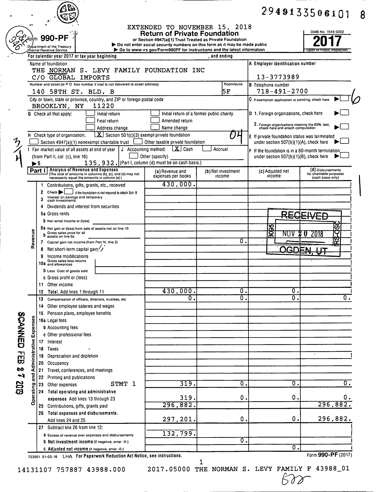 Image of first page of 2017 Form 990PF for The Norman S Levy Family Foundation