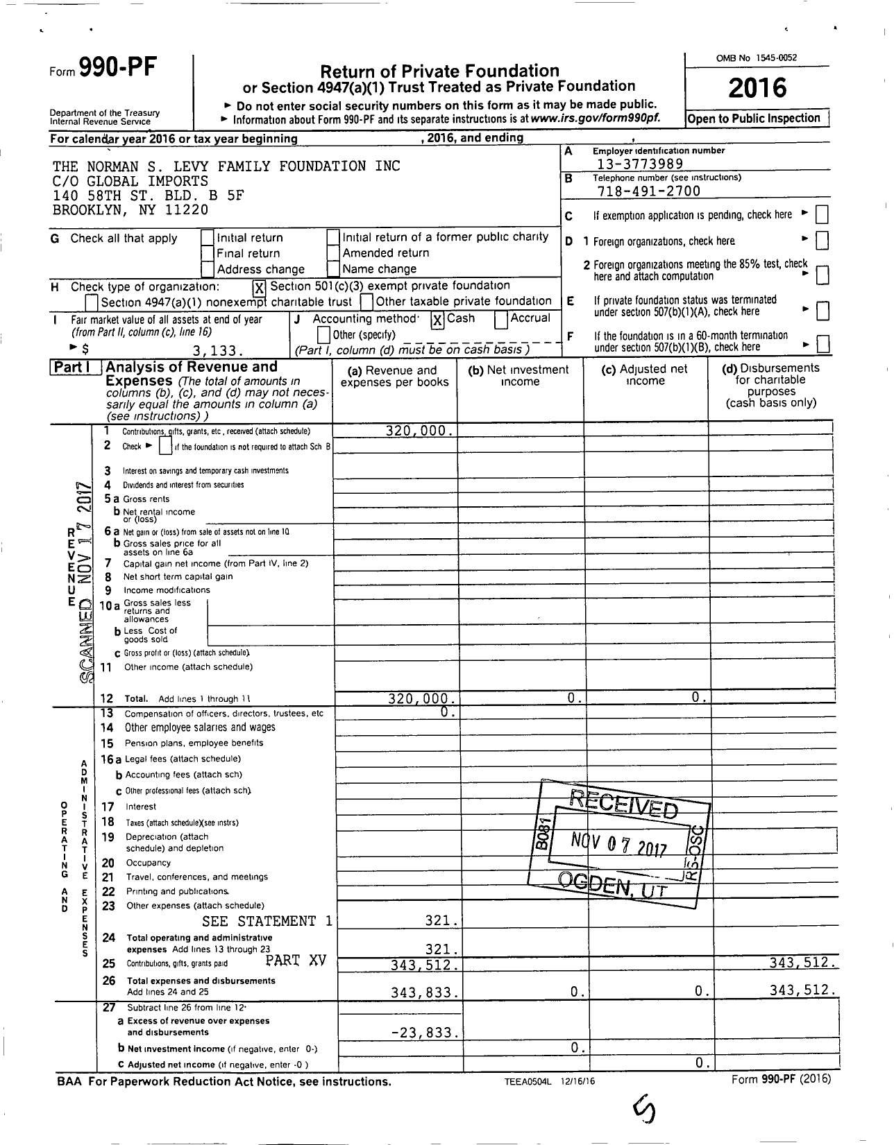 Image of first page of 2016 Form 990PF for The Norman S Levy Family Foundation