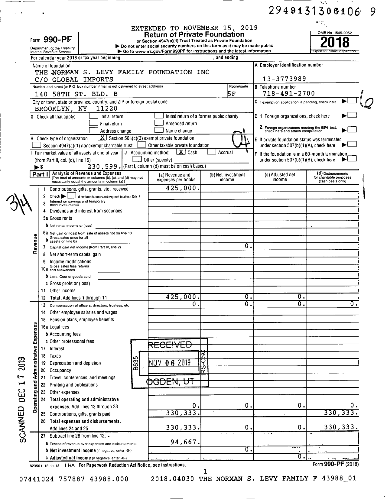 Image of first page of 2018 Form 990PF for The Norman S Levy Family Foundation