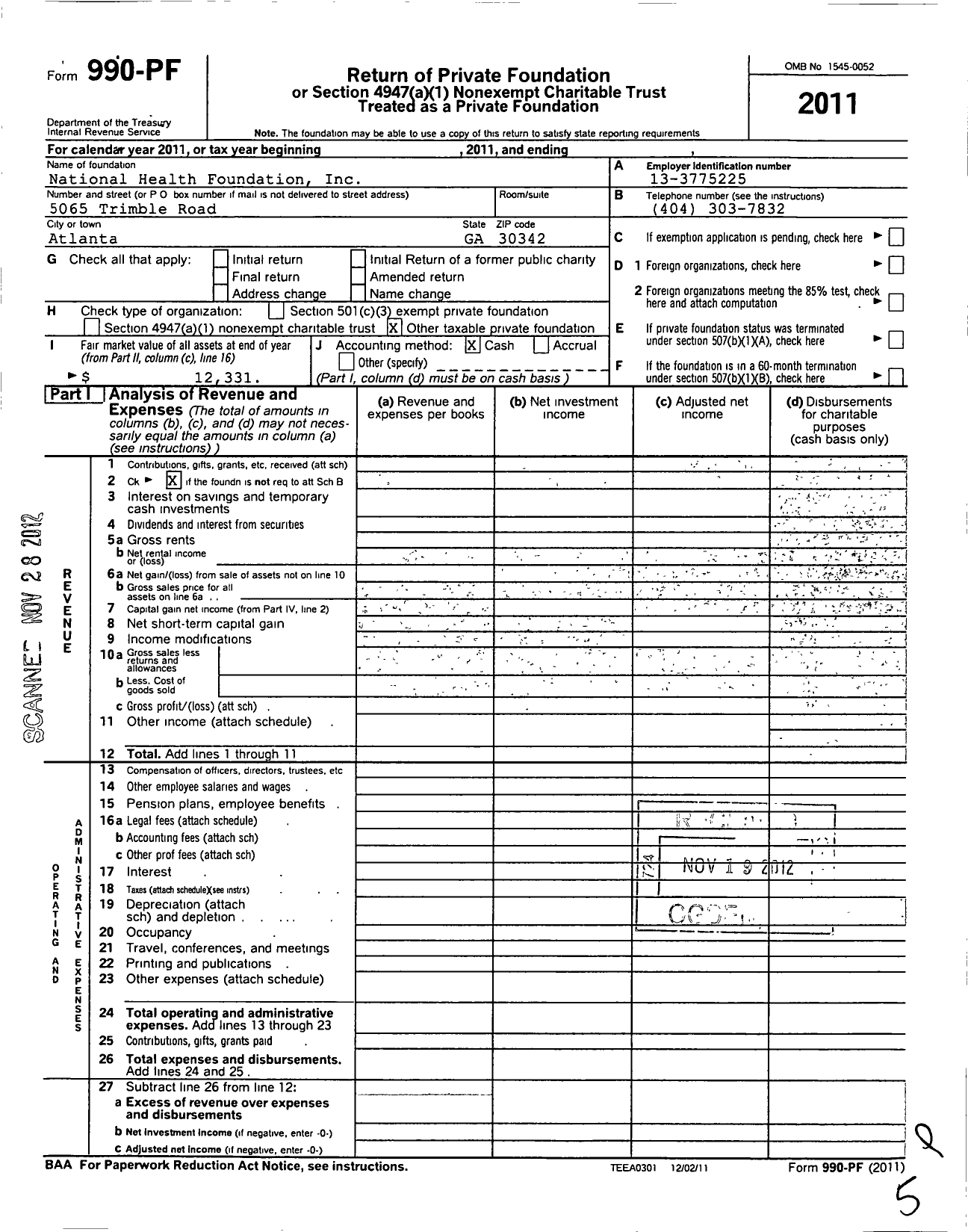 Image of first page of 2011 Form 990PF for National Health Foundation