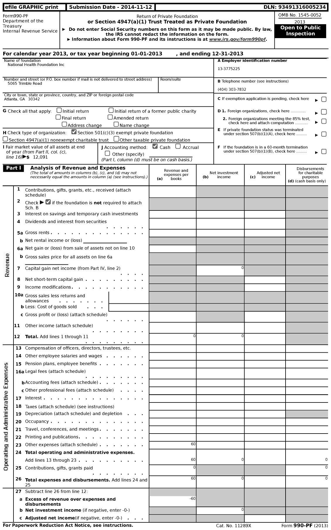 Image of first page of 2013 Form 990PF for National Health Foundation